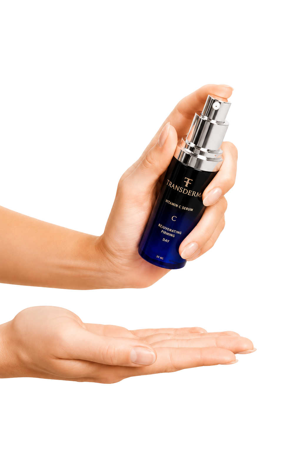A hand holding Transderma Serum C above an open palm